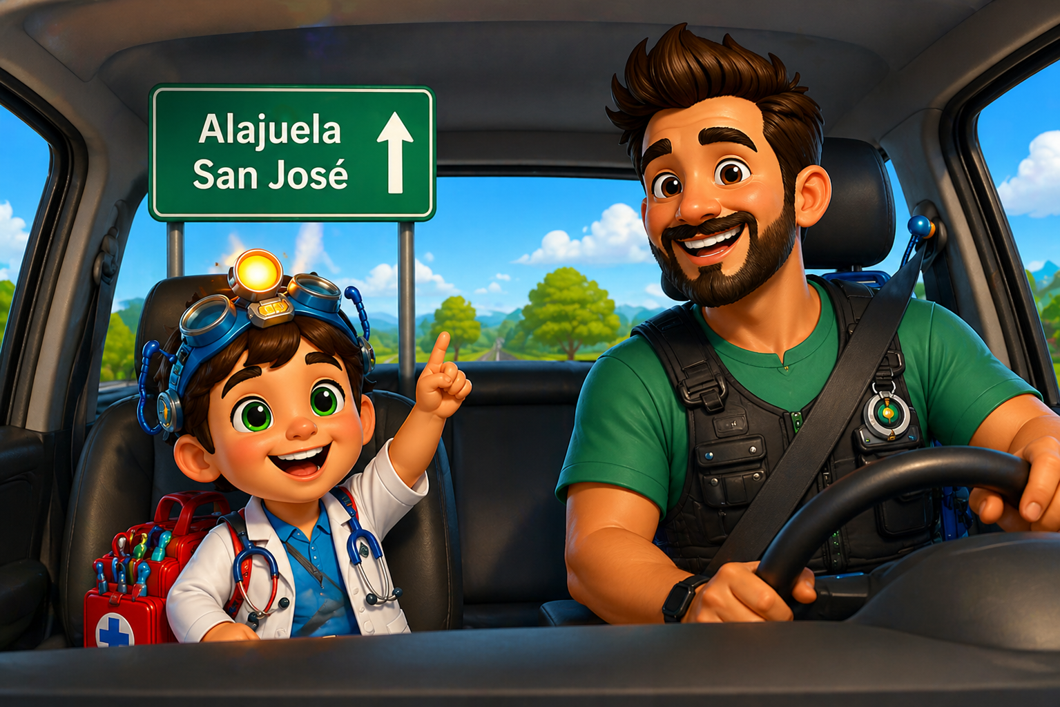 Agustín y papá conversando en el carro entre Alajuela y San José